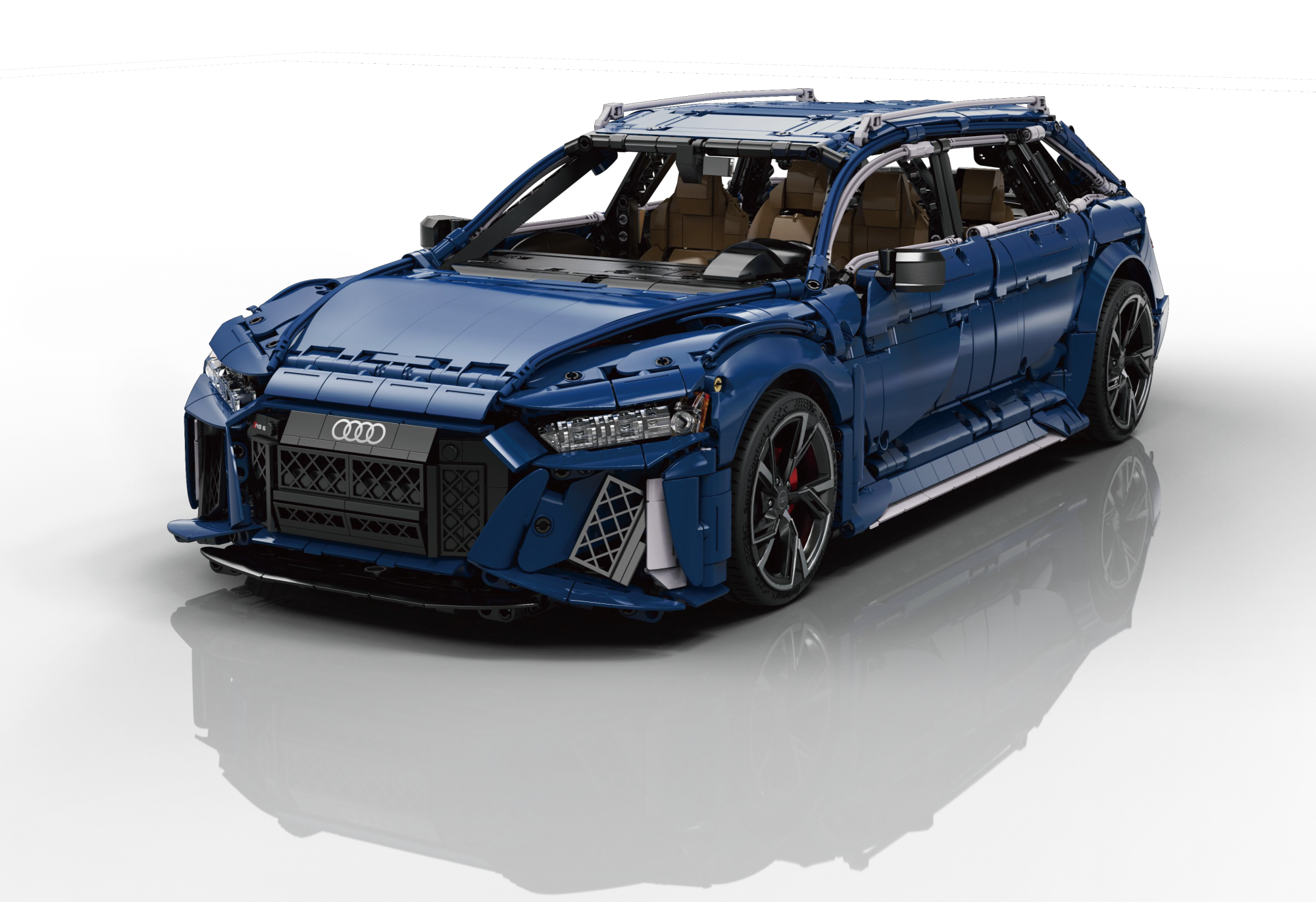 Blue CaDA Audi RS6 Avant building set with detailed interior, roof rack, and opening doors displayed against white backgro…