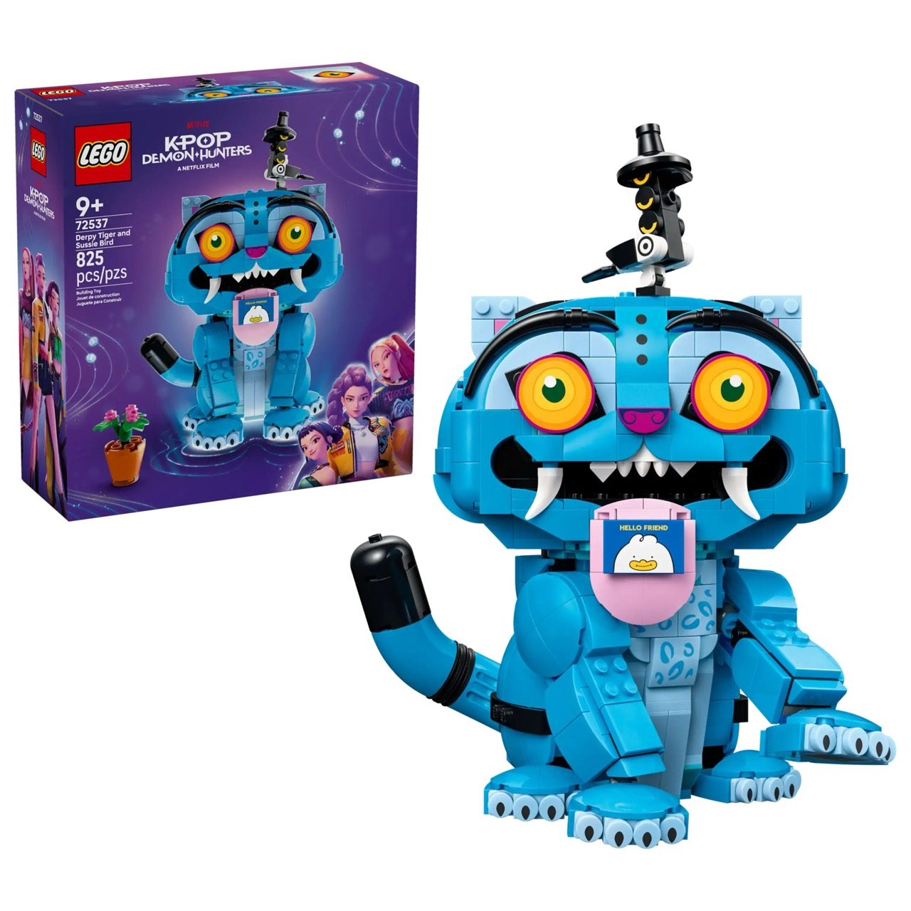 LEGO 72537 K-pop Demon Hunters set featuring blue Derpy Tiger character with orange eyes and small Sussie Bird figure on top.
