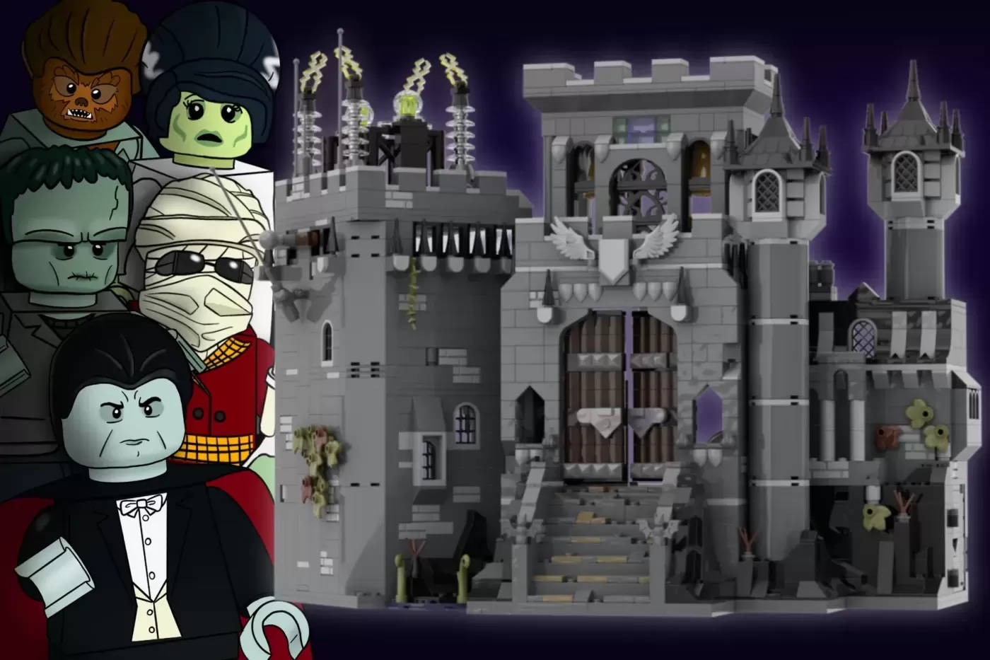 LEGO Universal Monsters castle with minifigures of Dracula, Mummy, Frankenstein's Monster, and Werewolf.
