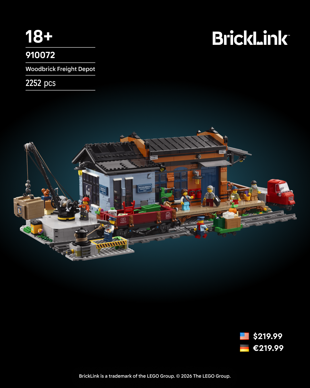 BrickLink 910072 Woodbrick Freight Depot set with 2252 pieces, featuring a warehouse building, train car, and multiple min…