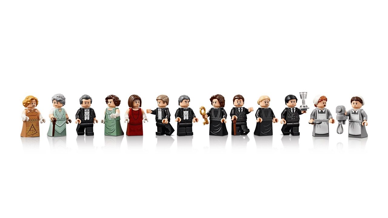 LEGO Downton Abbey minifigures lineup featuring 16 characters in period costumes from the British drama series.