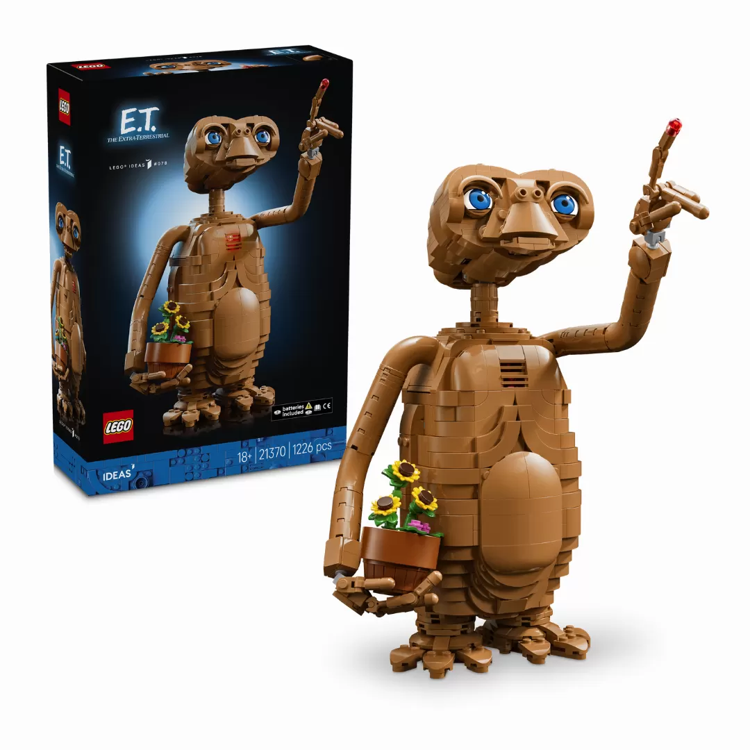 LEGO E.T. set 21370 with 1226-piece brown alien figure holding potted flowers and glowing blue eyes.