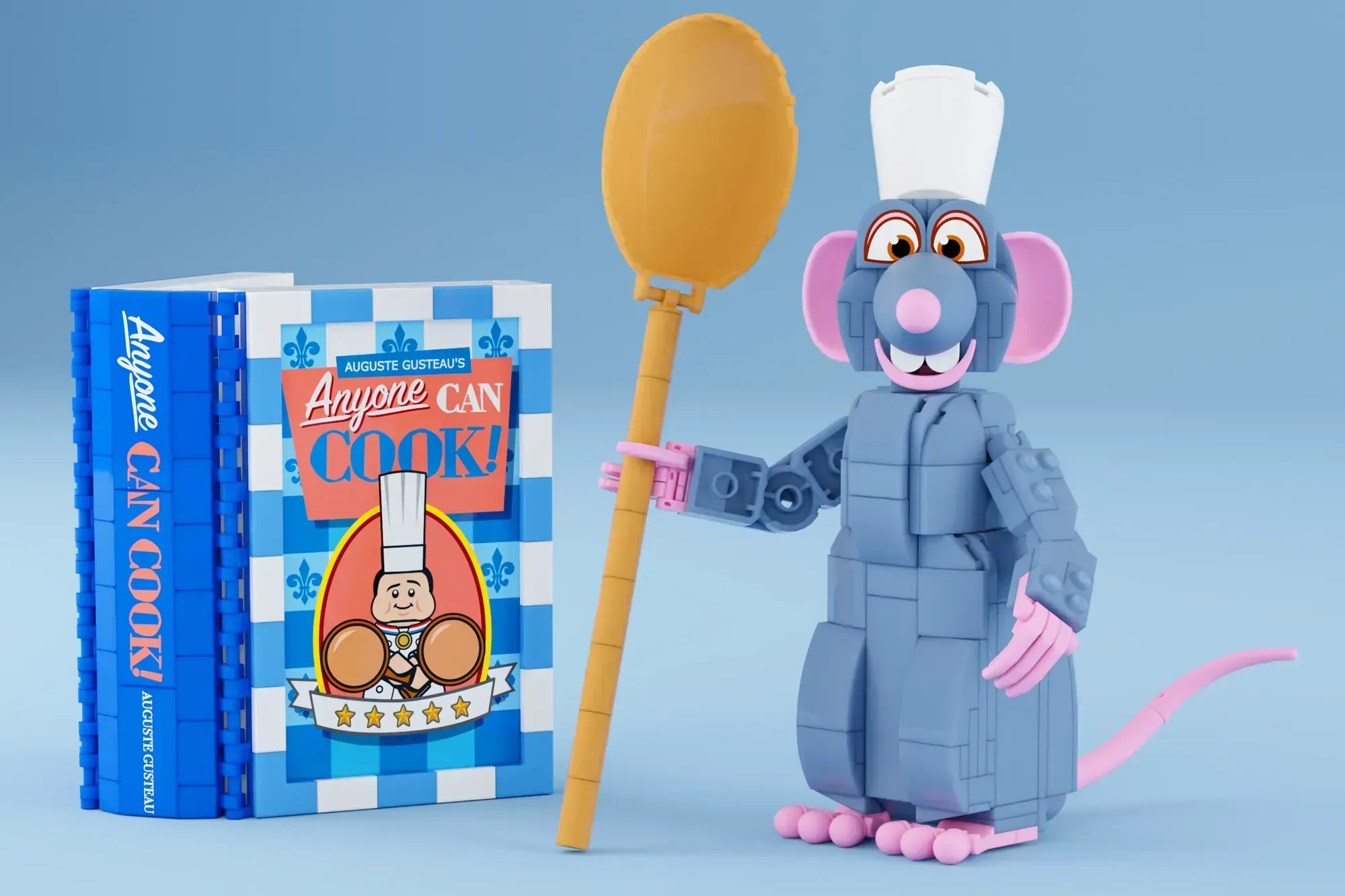 LEGO Ideas Remy figure with chef's hat, wooden spoon, and "Anyone Can Cook" cookbook reference display.
