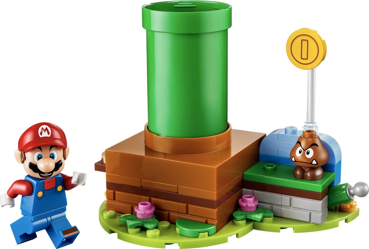 LEGO Super Mario set featuring Mario minifigure, green warp pipe, Goomba enemy, and gold coin with base platform.