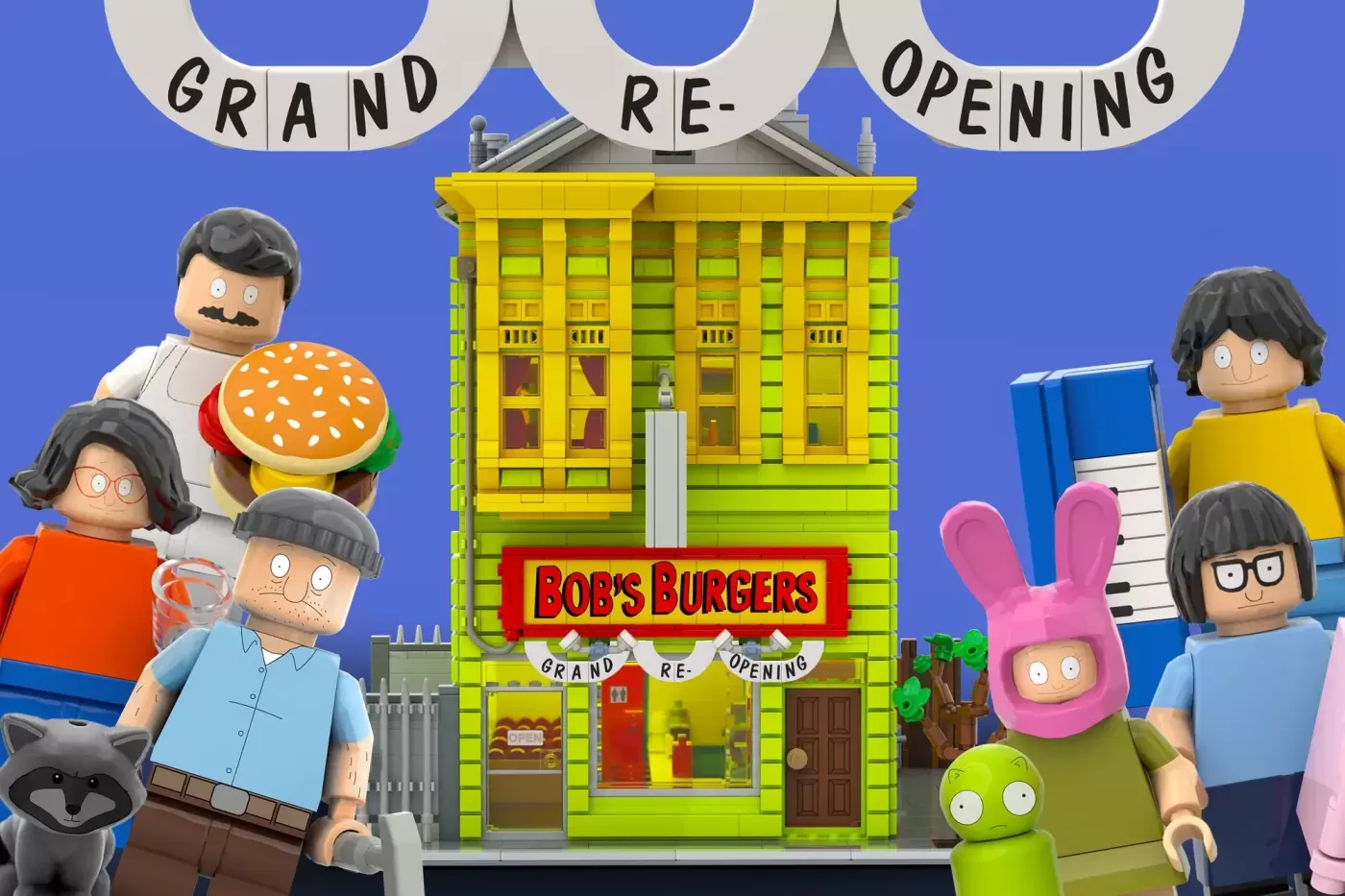 LEGO Bob's Burgers set with minifigures of the family and restaurant storefront with yellow facade.