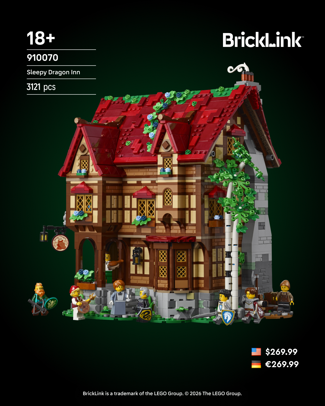 BrickLink Sleepy Dragon Inn set 910070 with red roof, medieval architecture, and minifigures displayed against green backg…
