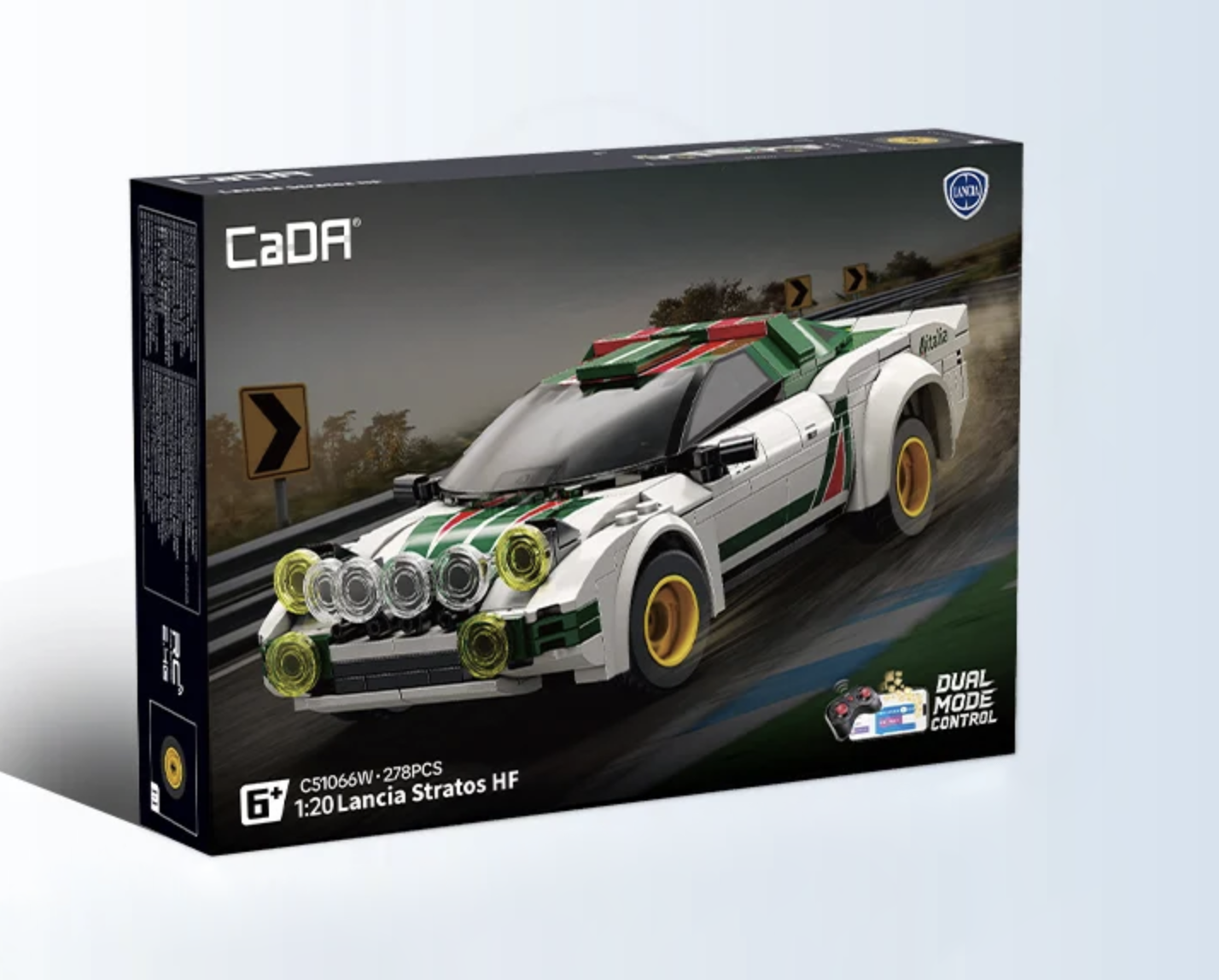 CaDA brick building set box showing a white, green and red 1:20 scale Lancia Stratos HF rally car with dual mode remote co…