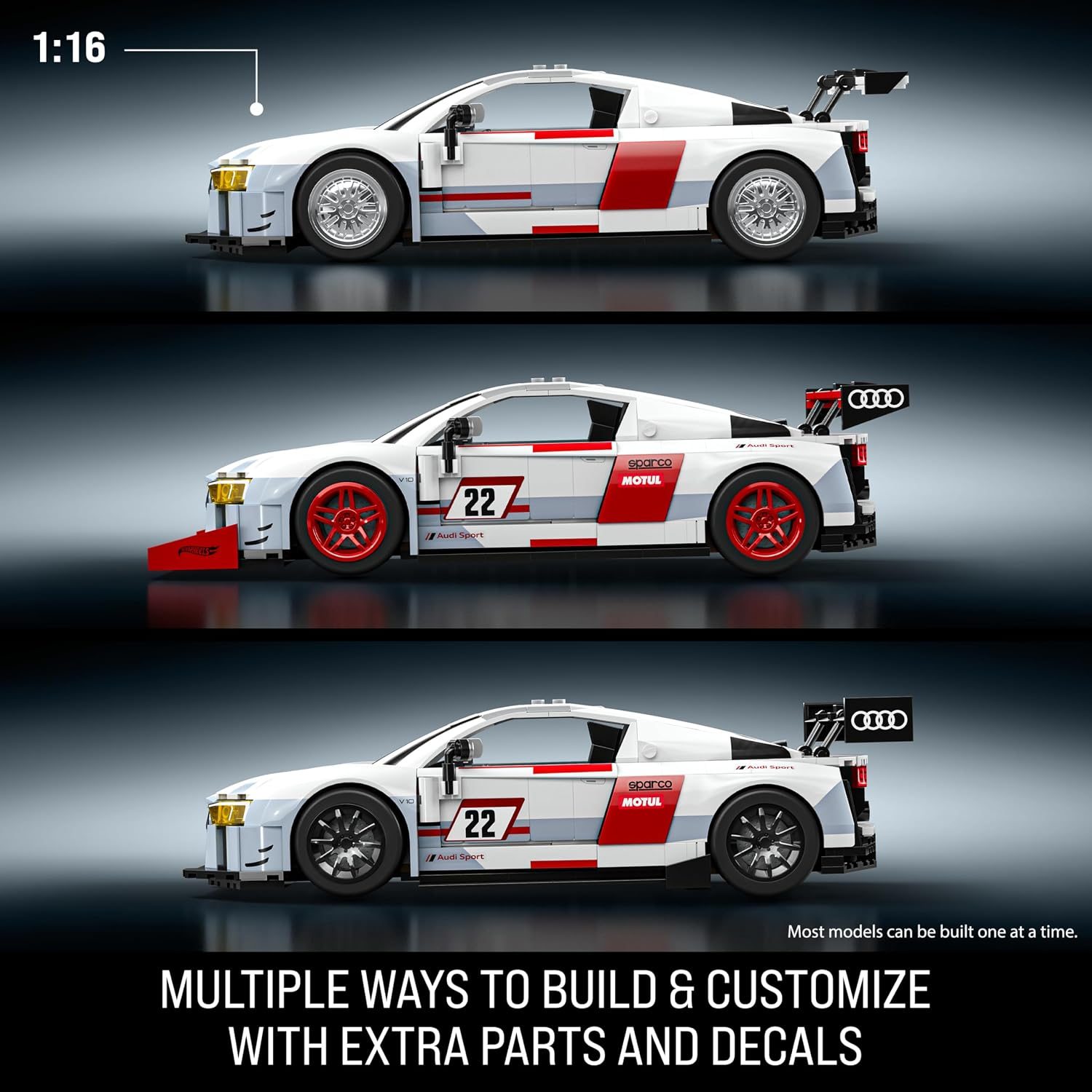 1:16 scale Audi R8 LMS model shown in three build variations with red and white racing livery and customizable parts.