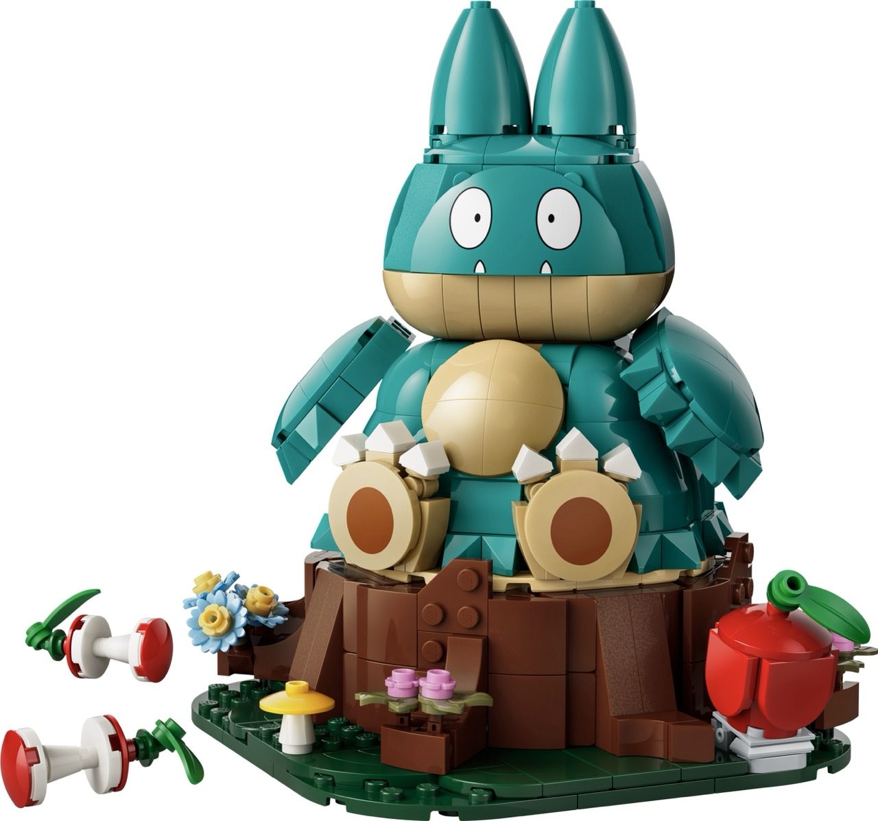 LEGO Pokémon set 72154 featuring a large teal Bulbasaur figure with accessories and small items.