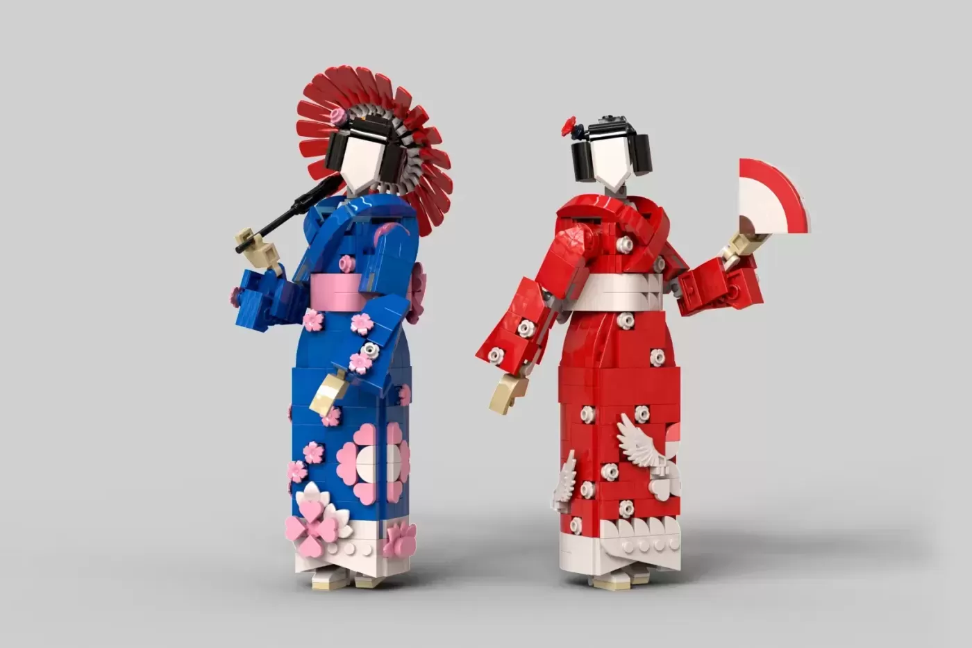 Two LEGO minifigures in traditional Asian-inspired outfits with red and blue robes decorated with flowers and celestial mo…
