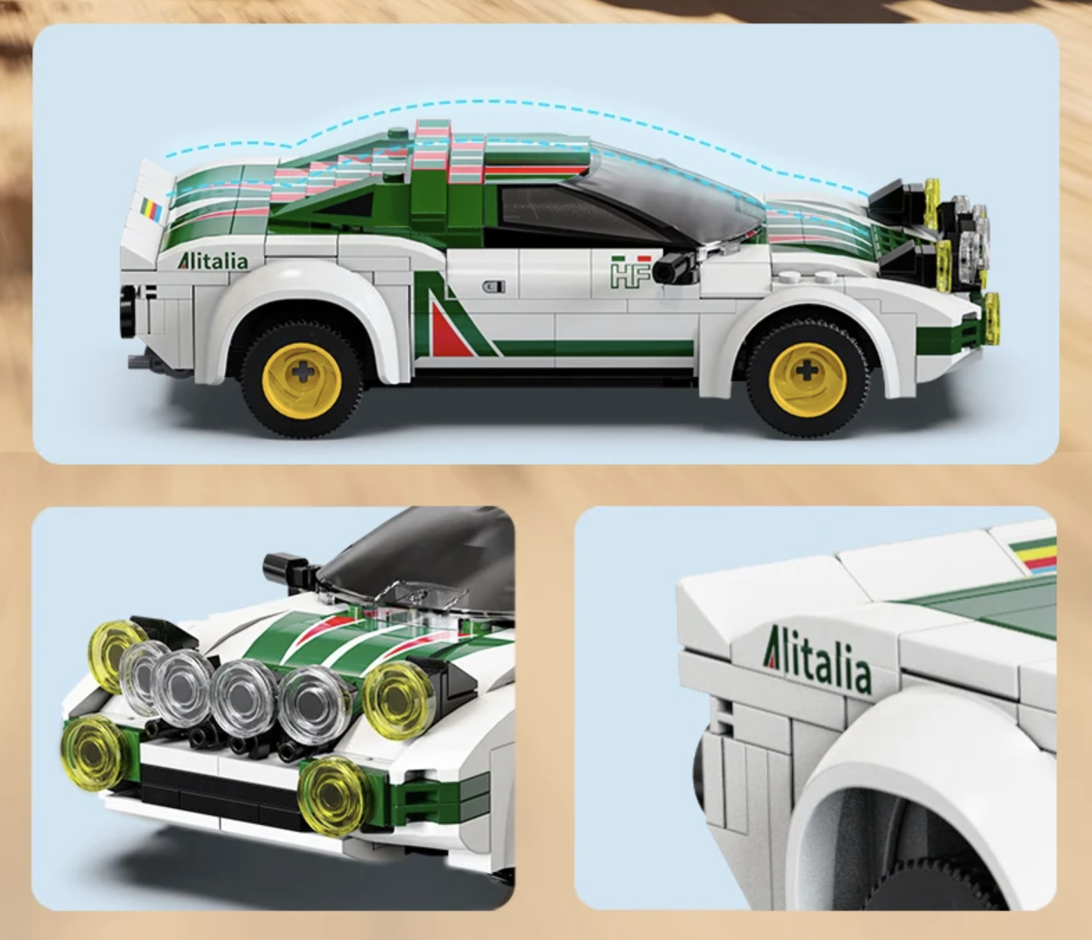 LEGO Lancia Stratos HF Alitalia with white and green livery, detailed wheels, and opening hood mechanism.