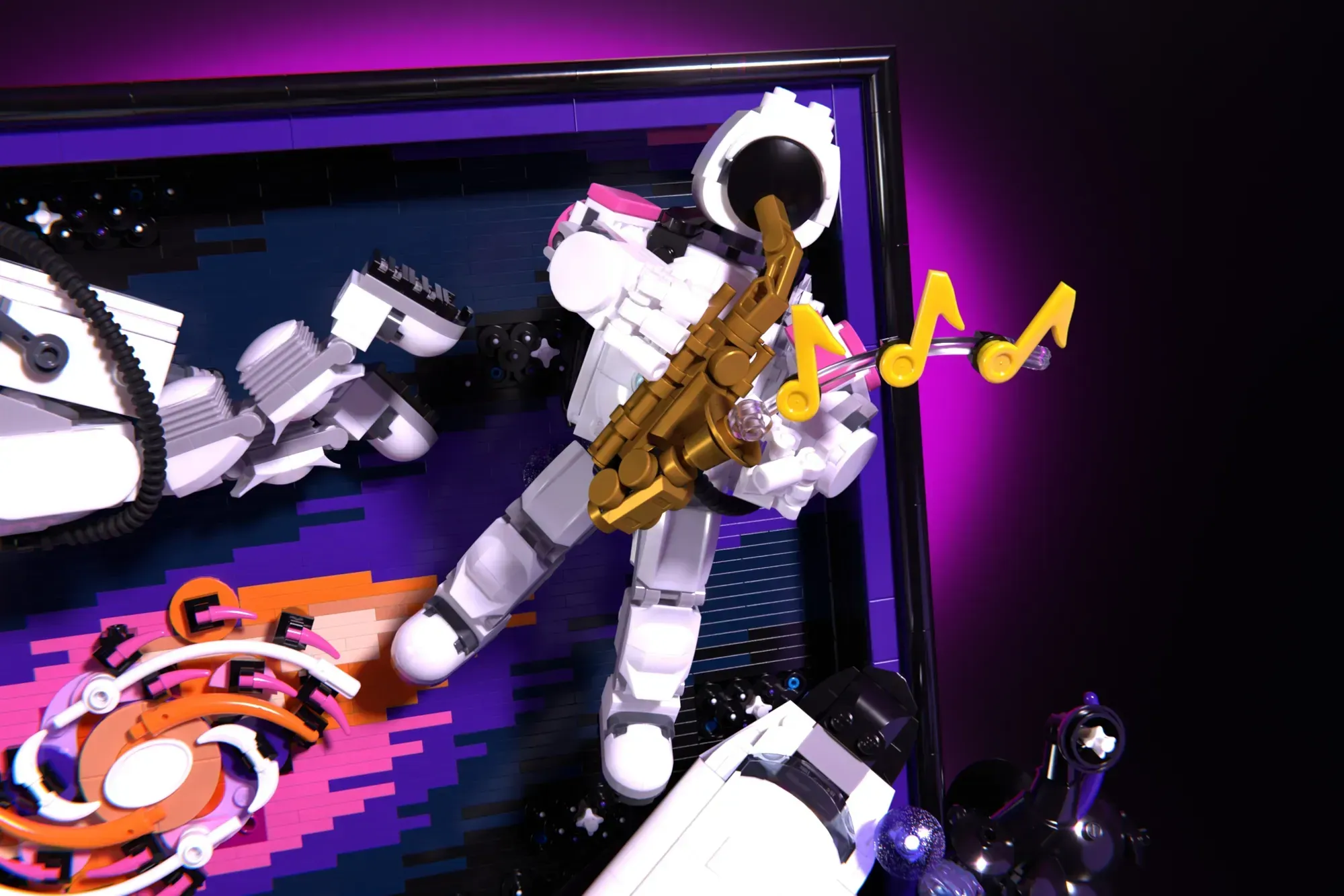 LEGO spaceman minifigure with golden instrument playing music notes in zero gravity with colorful cosmic background.