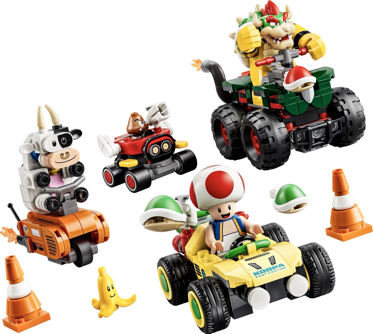 LEGO Super Mario 2027 sets featuring Bowser's kart, Toad's racer, Bob-omb character, and accessory pieces.