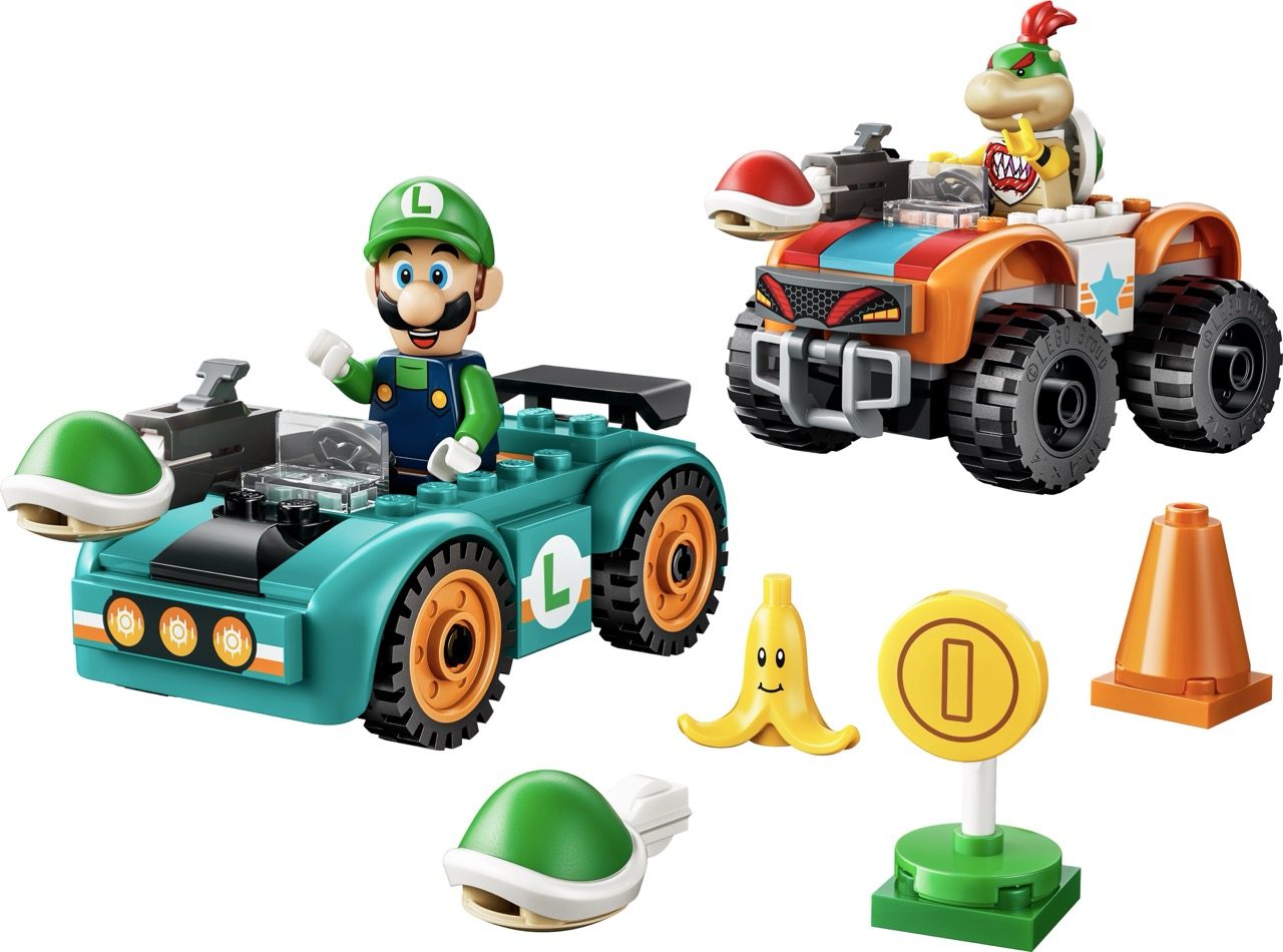 LEGO Super Mario sets featuring Luigi in turquoise kart and Bowser Jr. in orange vehicle with accessories.