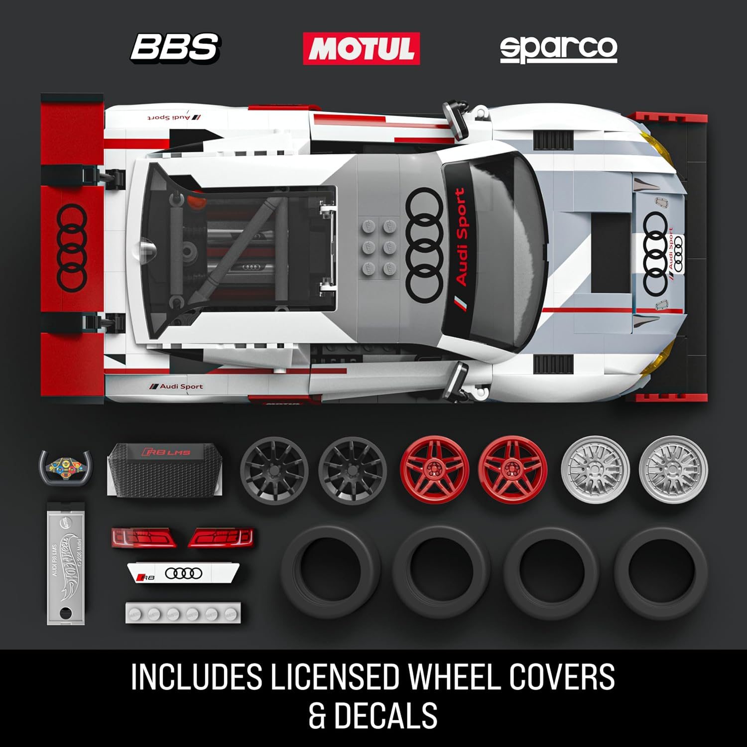 LEGO Audi R8 LMS set layout showing white racing car, multiple wheel options, and branded decals.