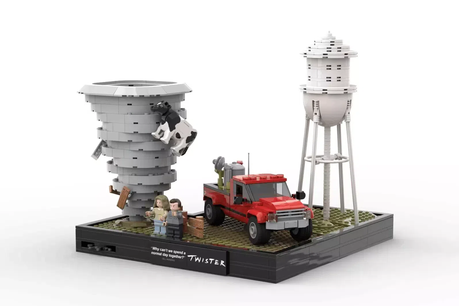 LEGO Ideas Twister set with tornado, red truck, water tower, and minifigures on display base.