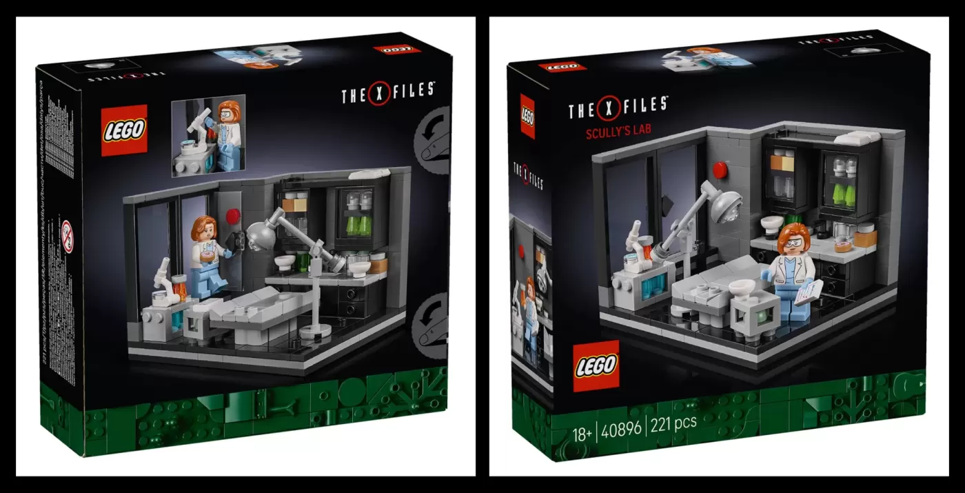 LEGO The X-Files sets 21369 and 40896 featuring Scully's Lab with minifigures and detailed laboratory equipment.