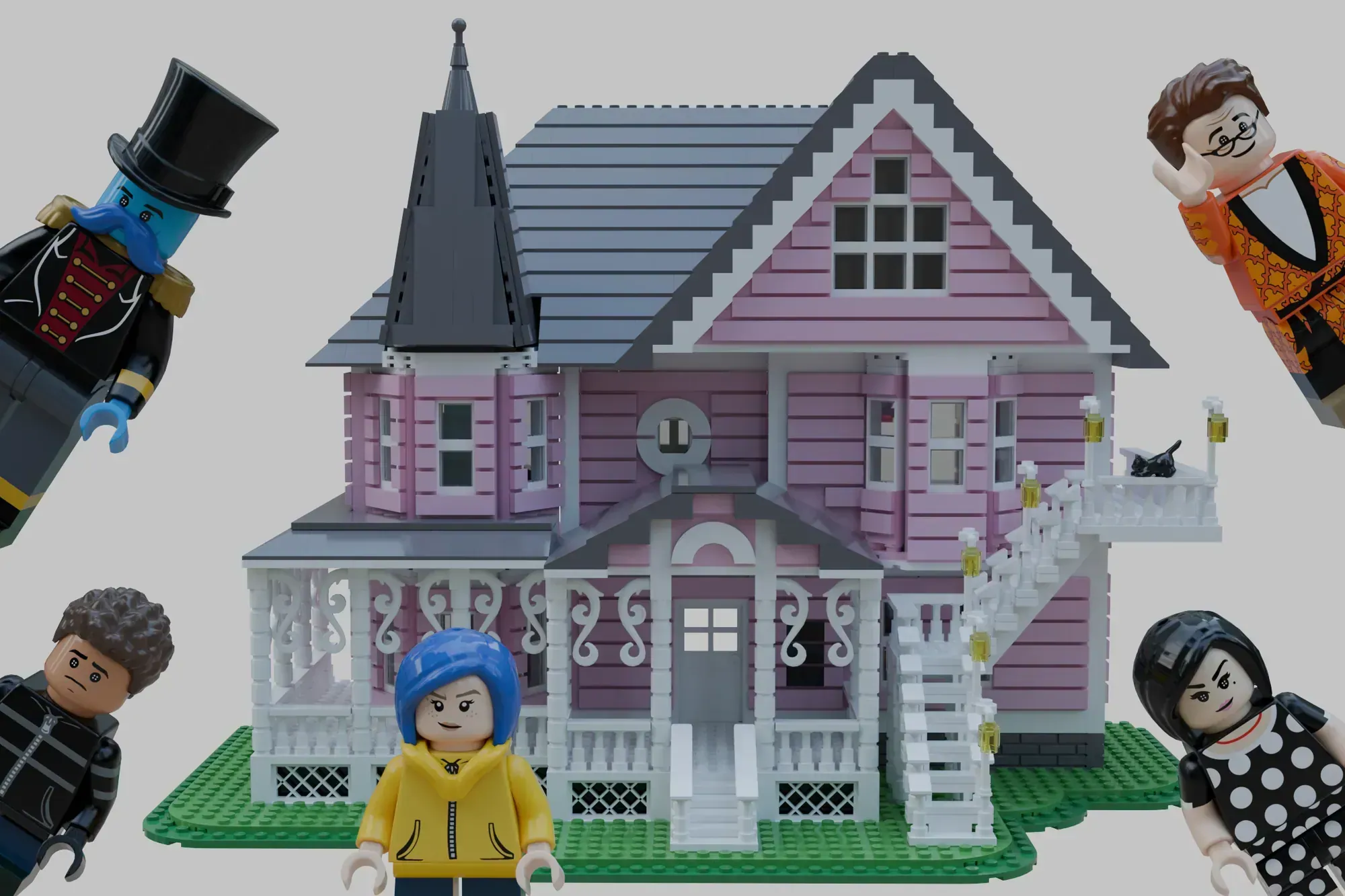 LEGO Ideas haunted house set with minifigures in costume surrounding pink Victorian mansion on green baseplate.