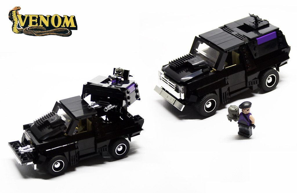 LEGO M.A.S.K. vehicles with transforming black truck and minifigure, featuring purple accents and detailed build.