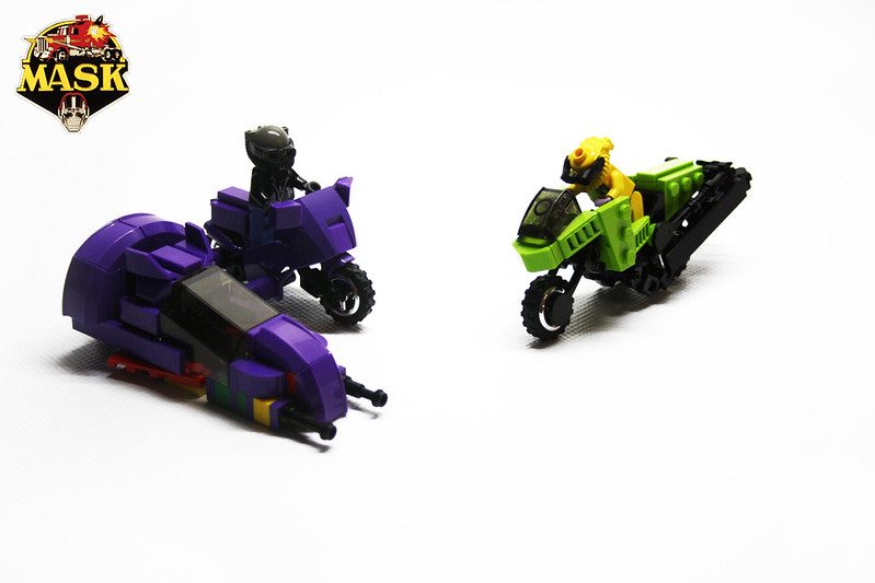 LEGO M.A.S.K. vehicles: purple Thunderhawk motorcycle with sidecar and yellow-green Jackhammer bike with minifigures.