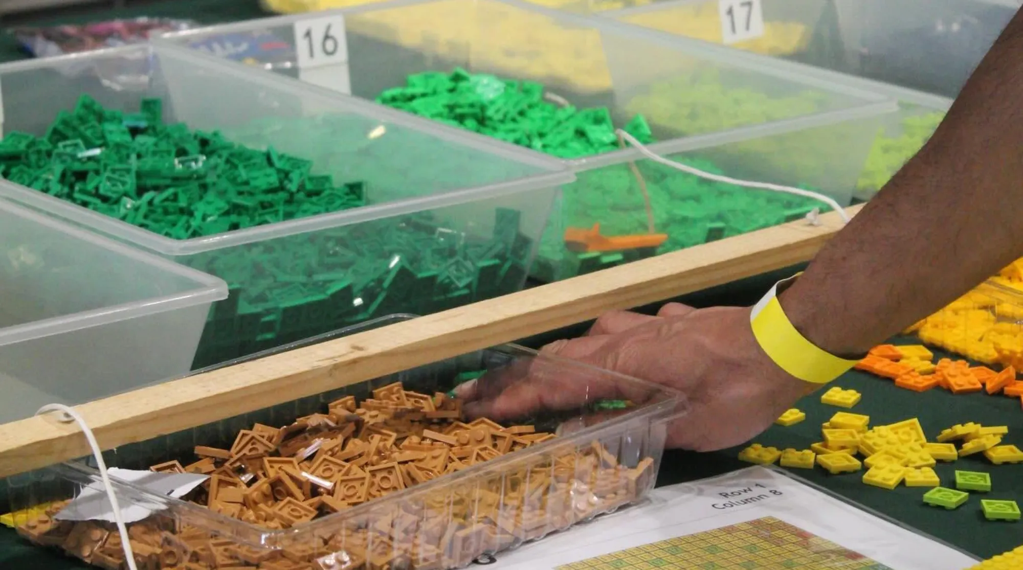 Person's hand selecting brown LEGO bricks from a sorting tray at BRInCKa 2026 event in S. João da Madeira.