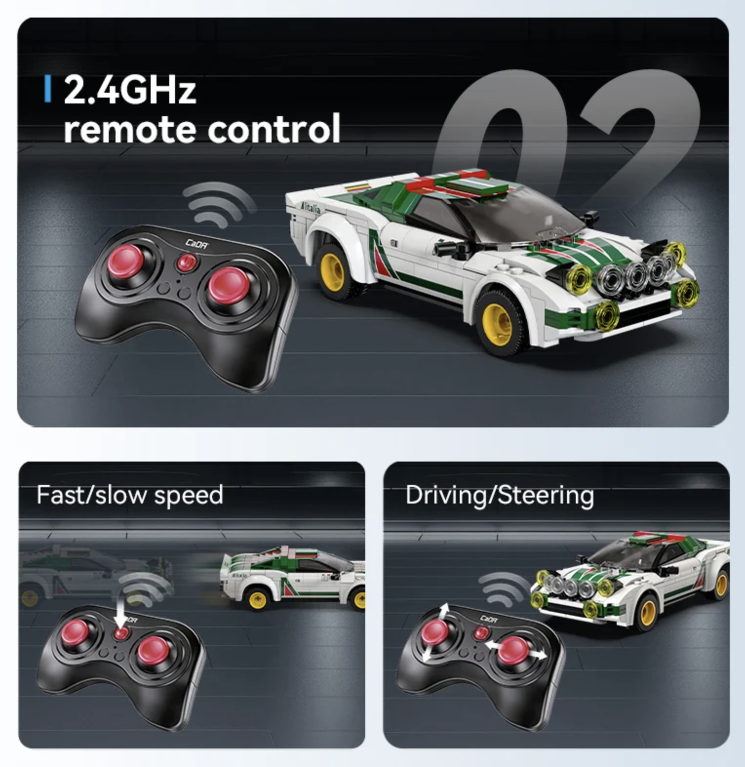 LEGO Lancia Stratos HF with 2.4GHz remote control showing fast/slow speed and driving/steering functions.