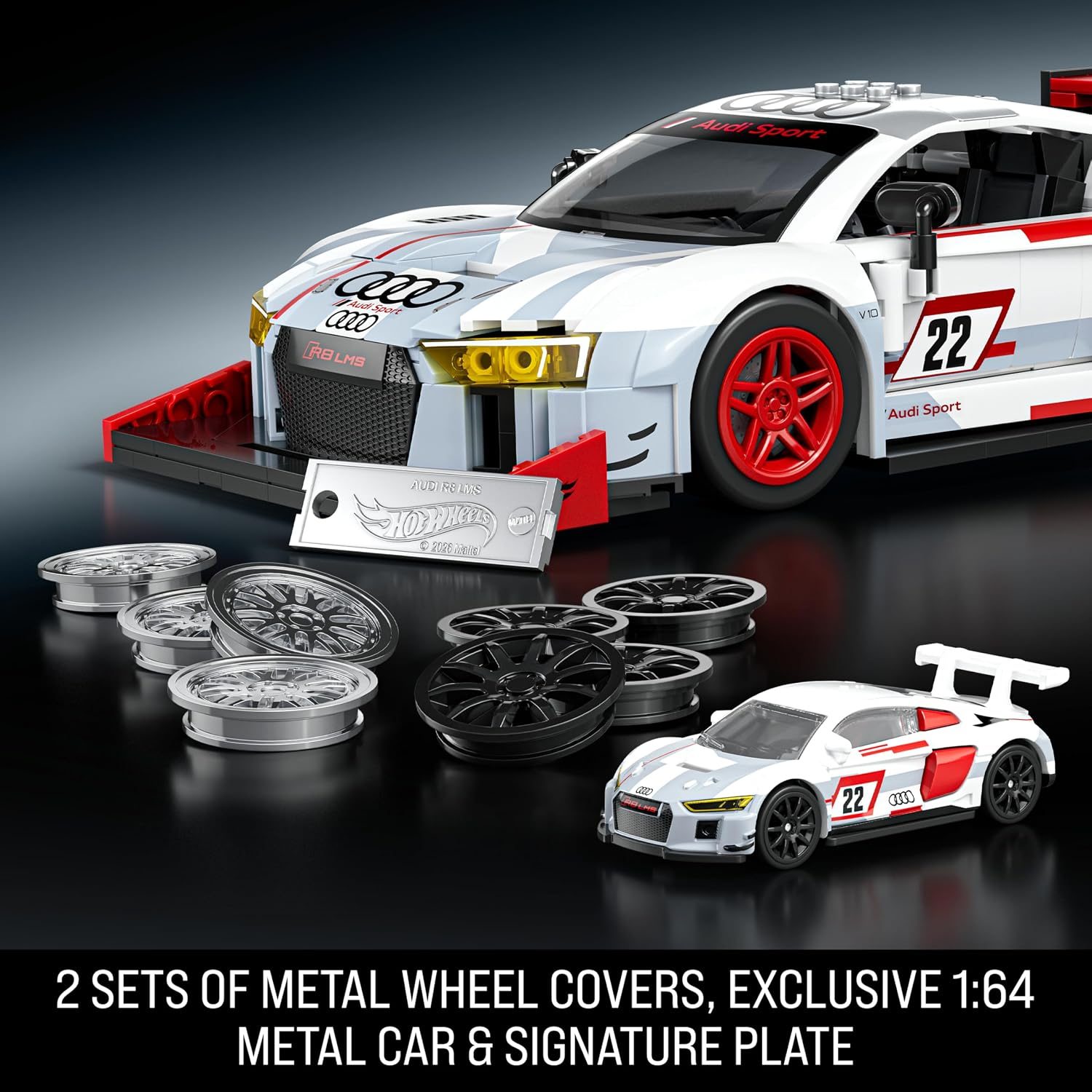 Audi R8 LMS race car set with metal wheel covers, 1:64 die-cast model, and signature plate displayed.
