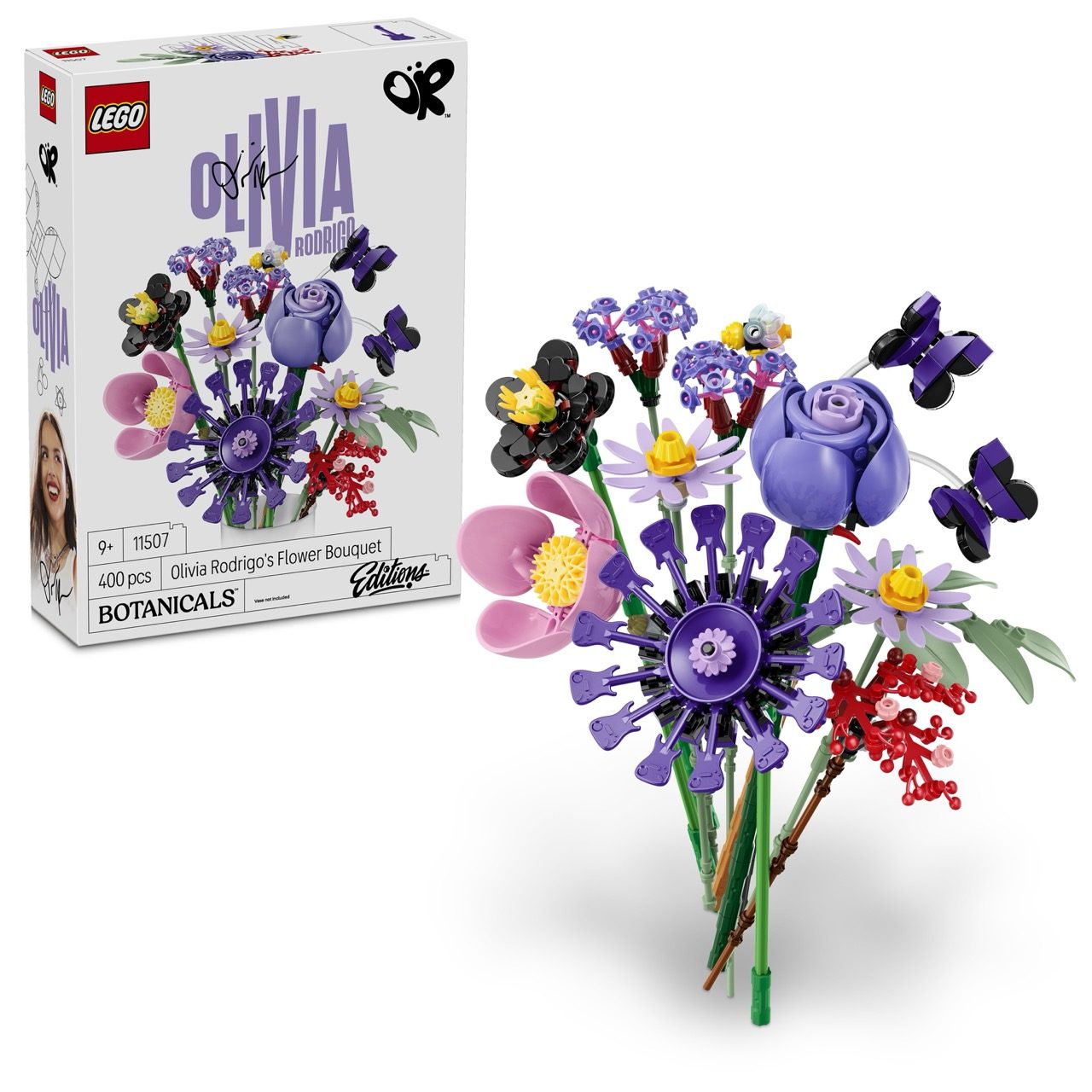LEGO Botanicals Olivia Rodrigo's Flower Bouquet set with purple roses, daisies, and decorative elements.
