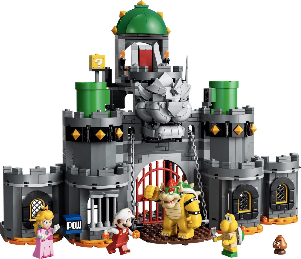 LEGO Super Mario Bowser's Castle set with minifigures of Princess Peach, Mario, Bowser, and accessories.
