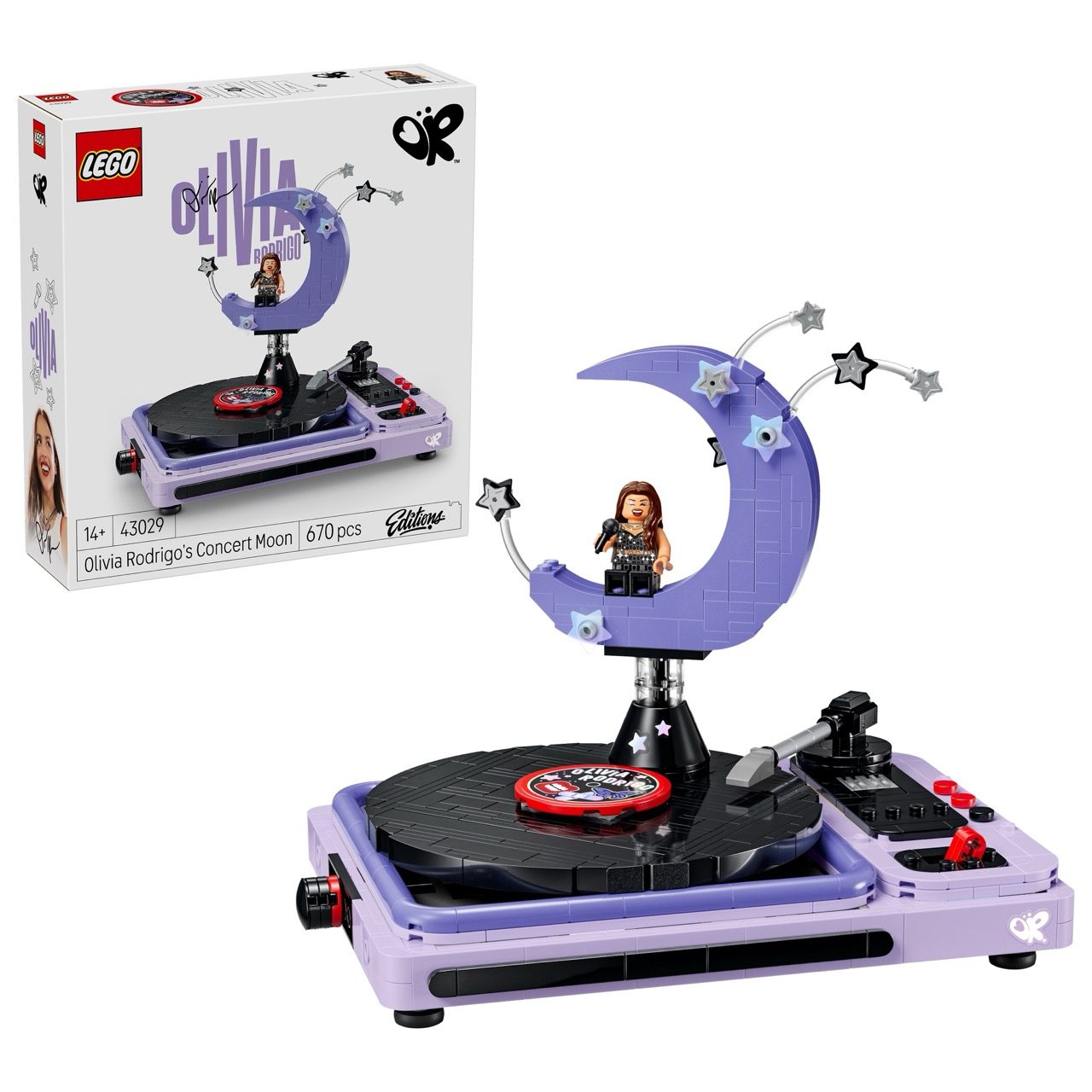 LEGO Olivia Rodrigo's Concert Moon set with purple moon stage, turntable, minifigure, and star accessories.