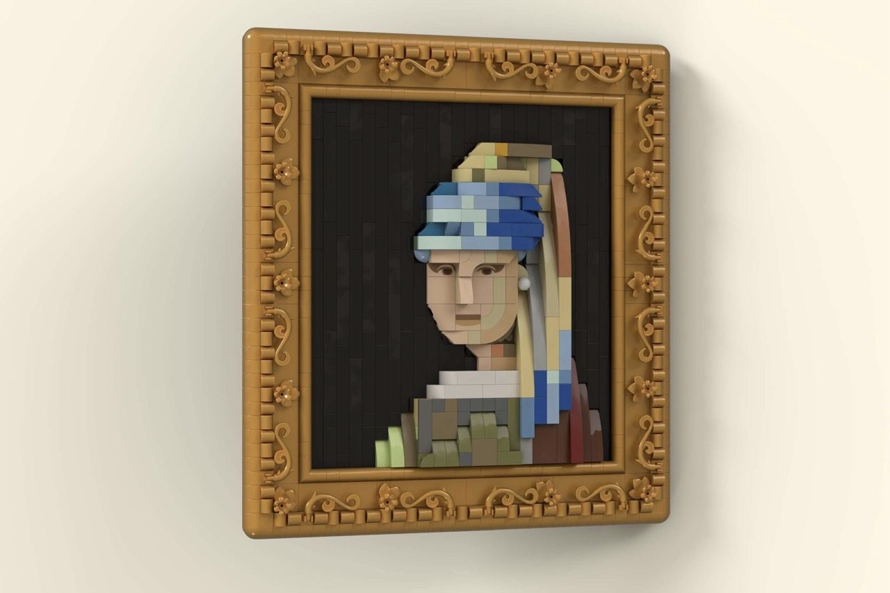 LEGO Art mosaic recreation of Vermeer's "Girl with a Pearl Earring" in ornate wooden frame.