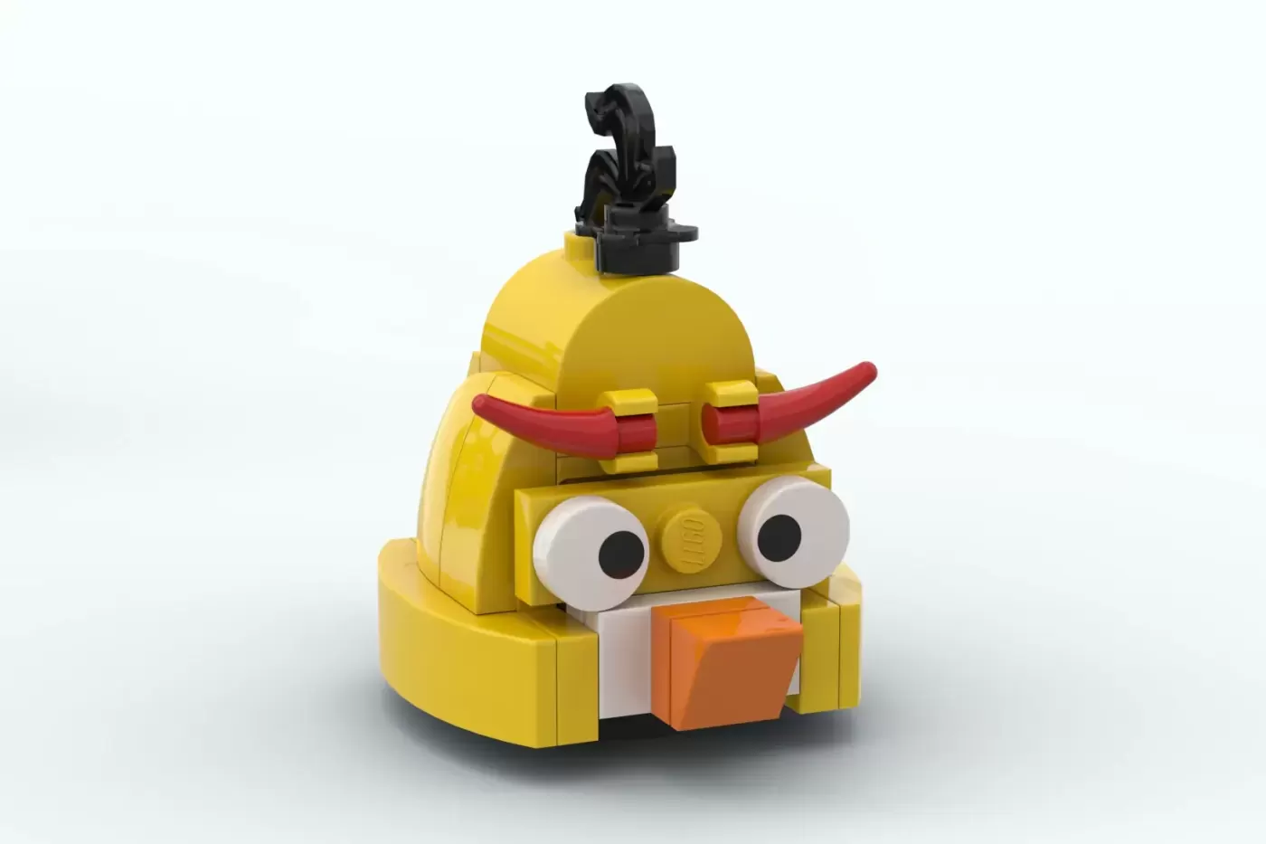 Yellow LEGO Angry Birds character with large eyes, red horns, and orange beak on white background.