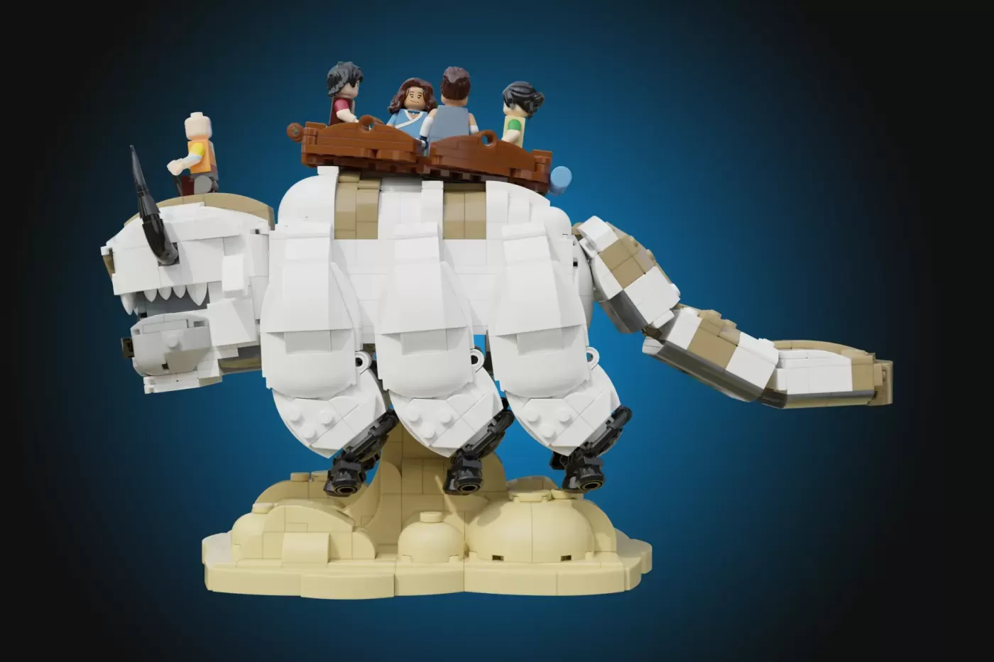LEGO Ideas Appa set featuring the white flying bison with minifigures on saddle and blue background.