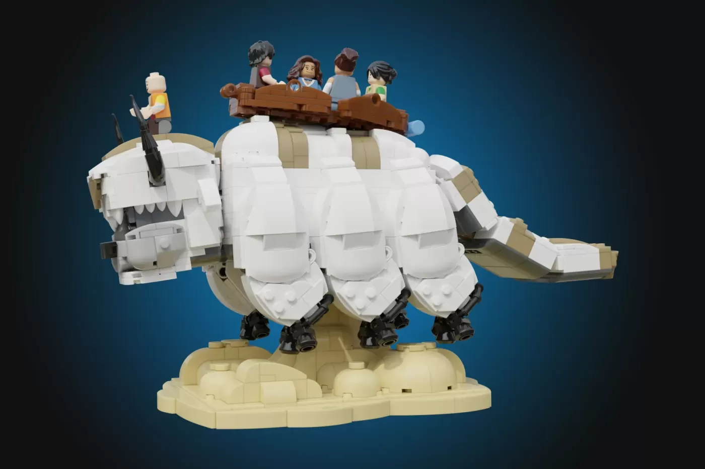 LEGO Appa set with minifigures on flying bison's back and saddle, featuring brown details and tan base.