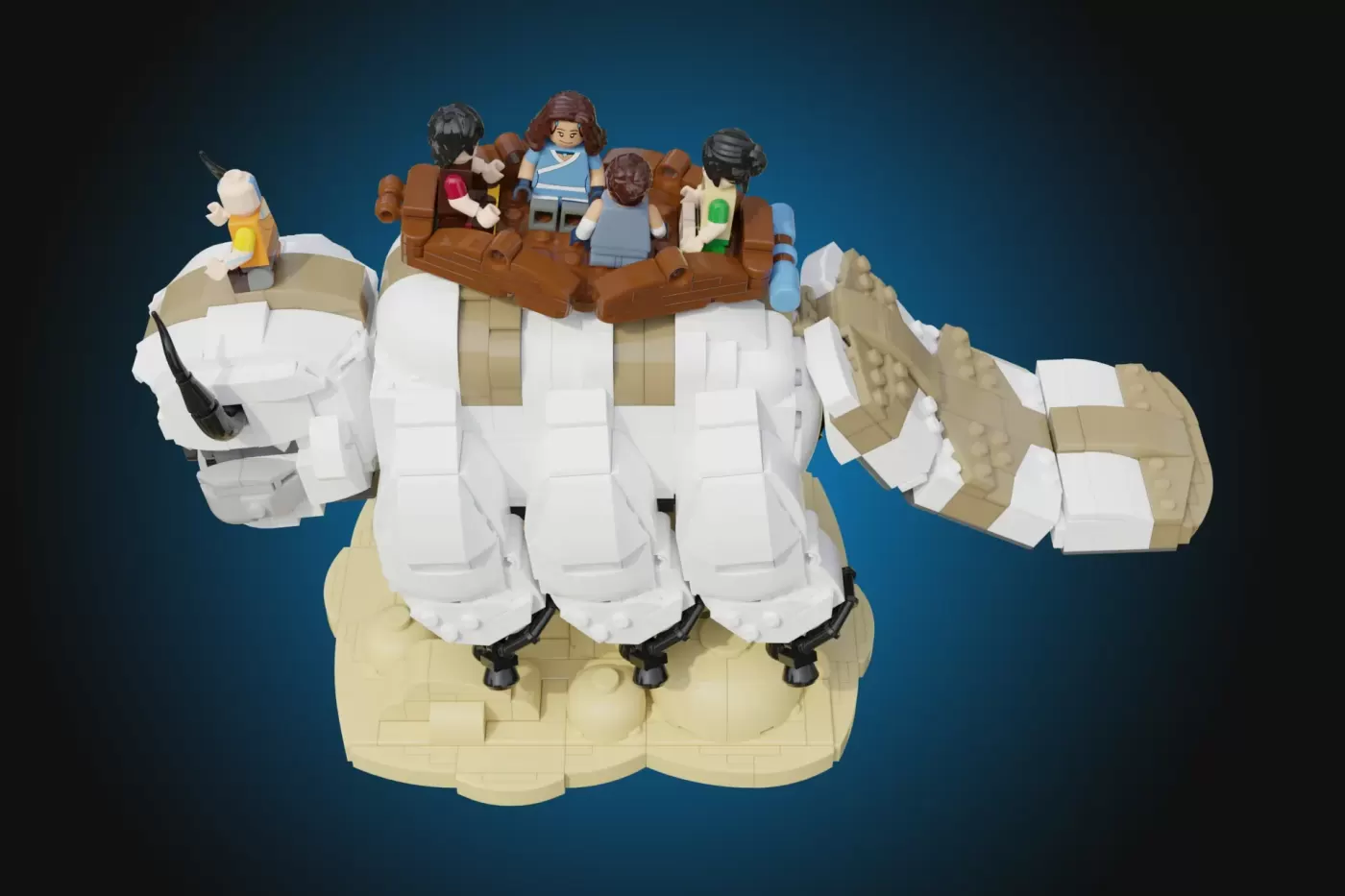 LEGO Appa from Avatar with saddle, minifigures, and detailed brick construction against blue background.