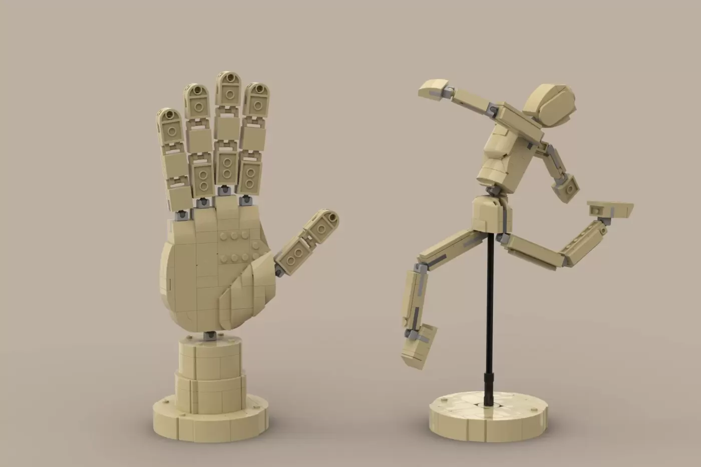 LEGO wooden artist mannequin and hand display with articulated joints and movable limbs on tan bases.