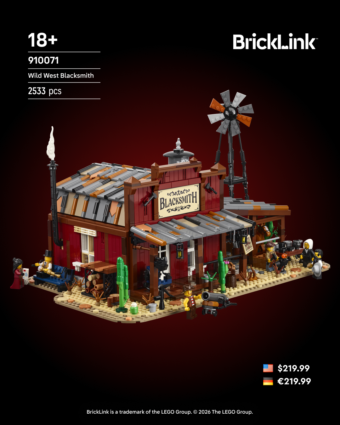 BrickLink Wild West Blacksmith set with red building, windmill, minifigures, and desert base on dark background.