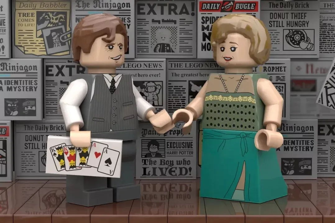 Two LEGO minifigures dressed in 1920s attire standing before a newspaper backdrop, one holding playing cards.