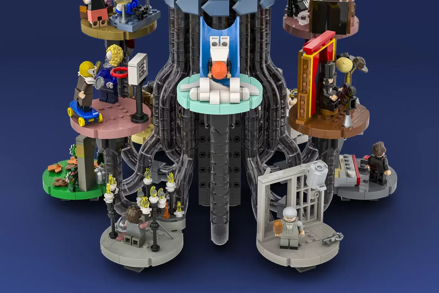 LEGO Ideas Bill and Ted's Excellent Adventure set featuring phone booth and multi-level castle tower with minifigures.