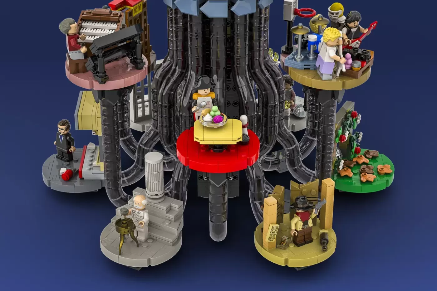 LEGO Ideas Bill and Ted's Excellent Adventure set with phone booth, minifigures, and themed room displays.