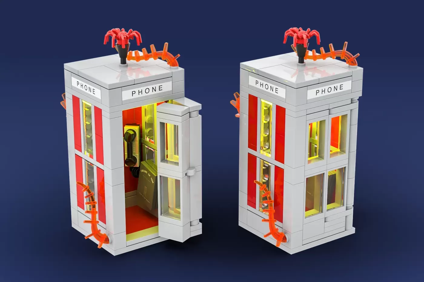 LEGO phone booths from Bill and Ted's Excellent Adventure with red and white design and orange climbing figures on top.