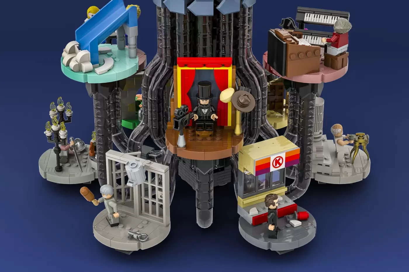 LEGO Ideas Bill and Ted's Excellent Adventure set with castle structure, phone booth, and multiple minifigure stations.