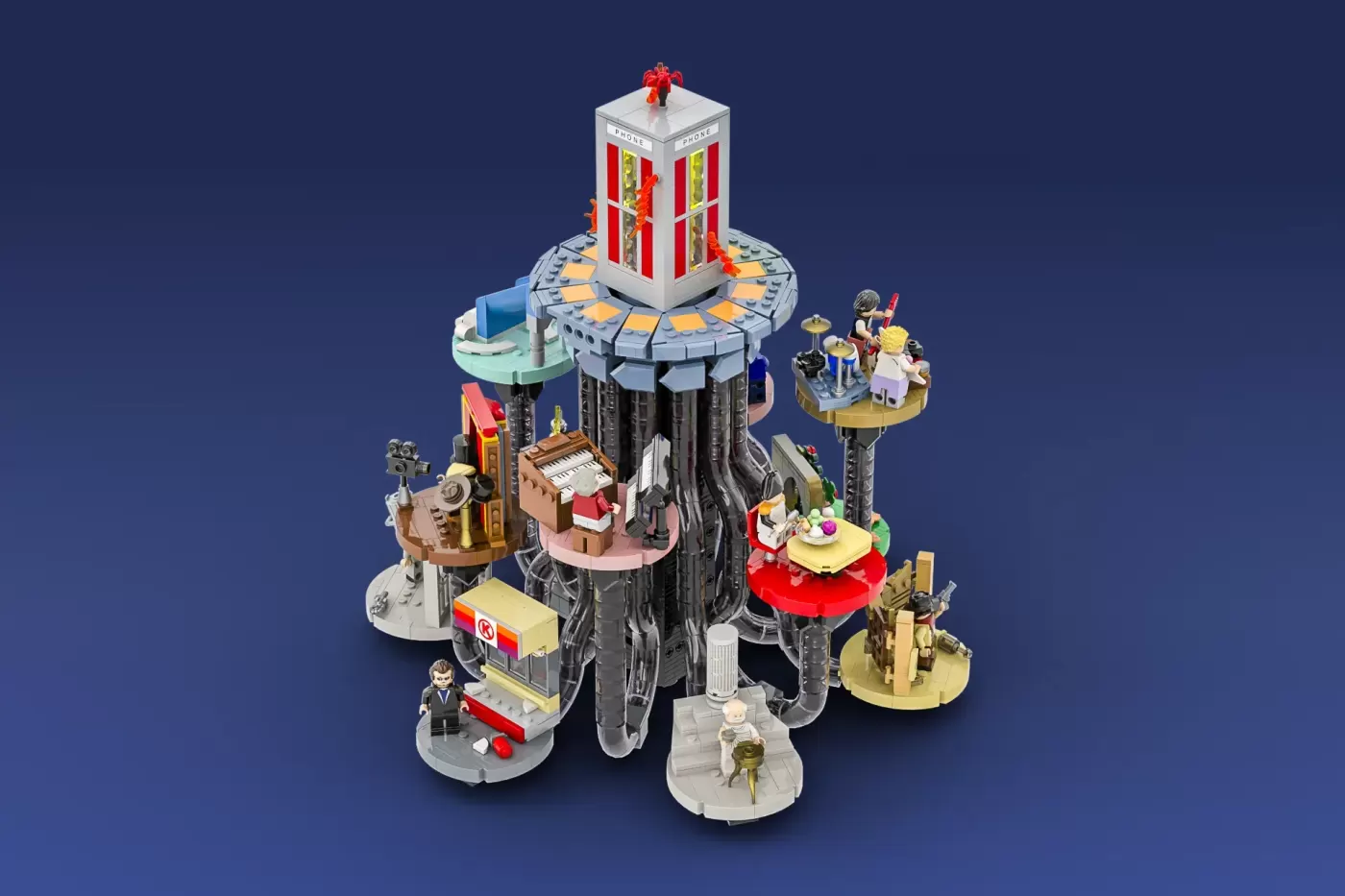 LEGO Ideas Bill and Ted's Excellent Adventure set featuring a detailed phone booth tower with surrounding platforms and mi…