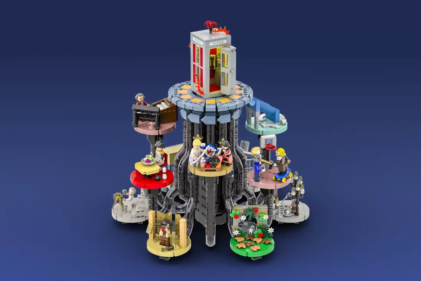 LEGO Ideas Bill and Ted's Excellent Adventure set with phone booth, circular platforms, minifigures, and detailed building…