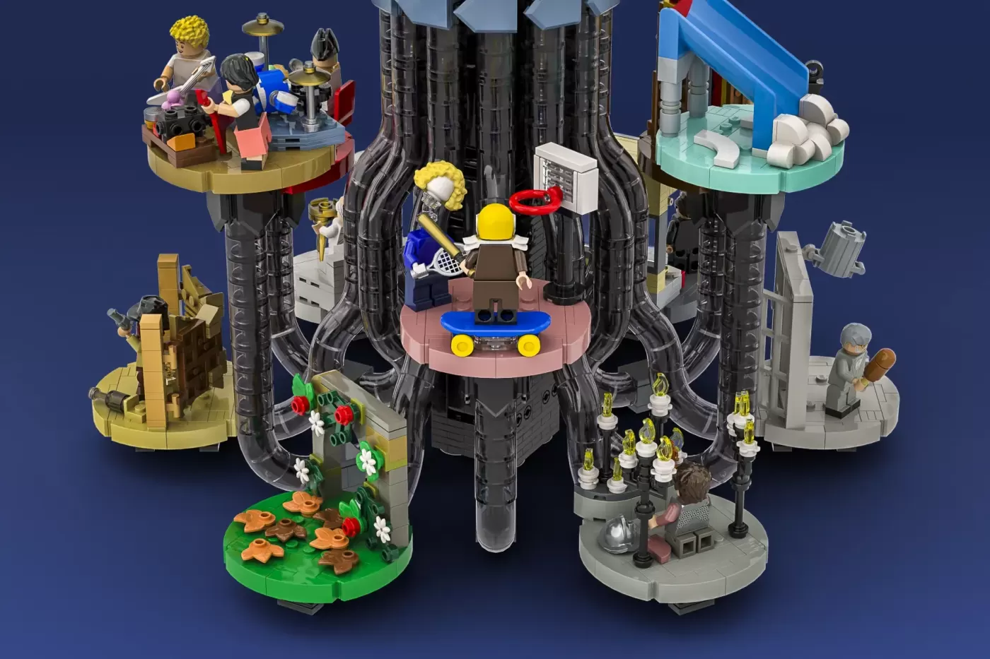 LEGO Ideas Bill and Ted's Excellent Adventure set with castle towers, minifigures, and phone booth base station.