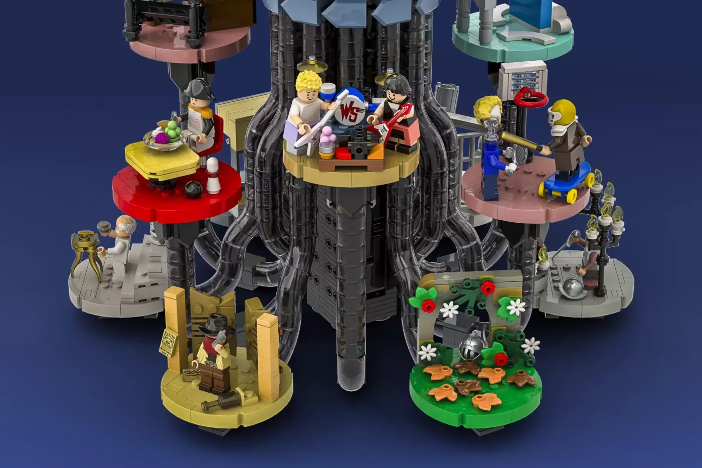 LEGO Ideas Bill and Ted's Excellent Adventure set with phone booth, multiple minifigures, and colorful themed platforms.