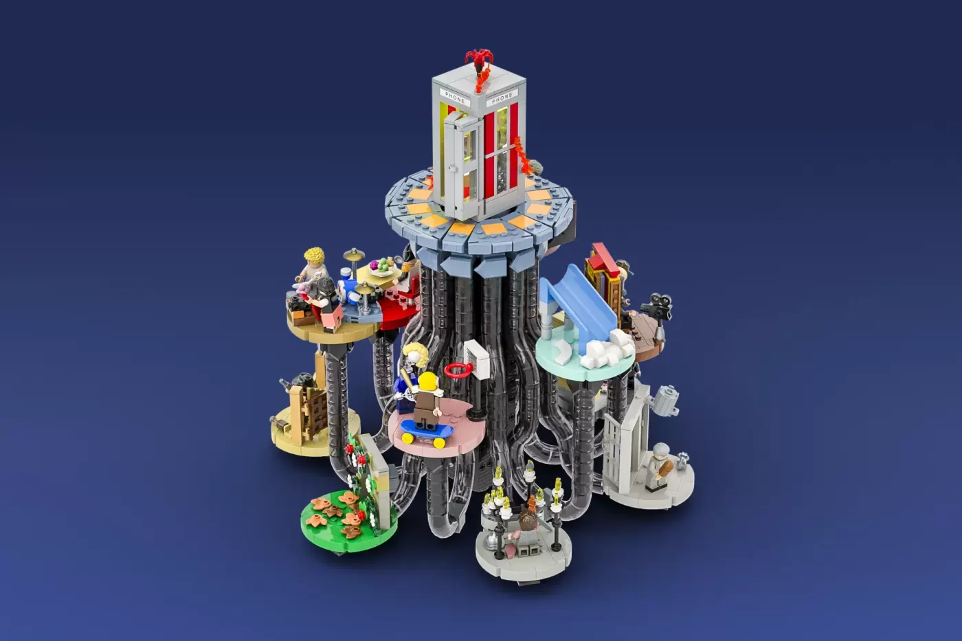 LEGO Ideas Bill and Ted's Excellent Adventure set featuring phone booth tower with minifigures and modular base platforms.