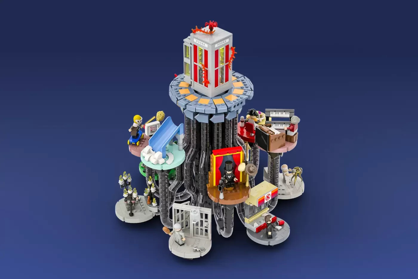 LEGO Ideas Bill and Ted's Excellent Adventure set featuring iconic phone booth tower with minifigures and detailed modular…