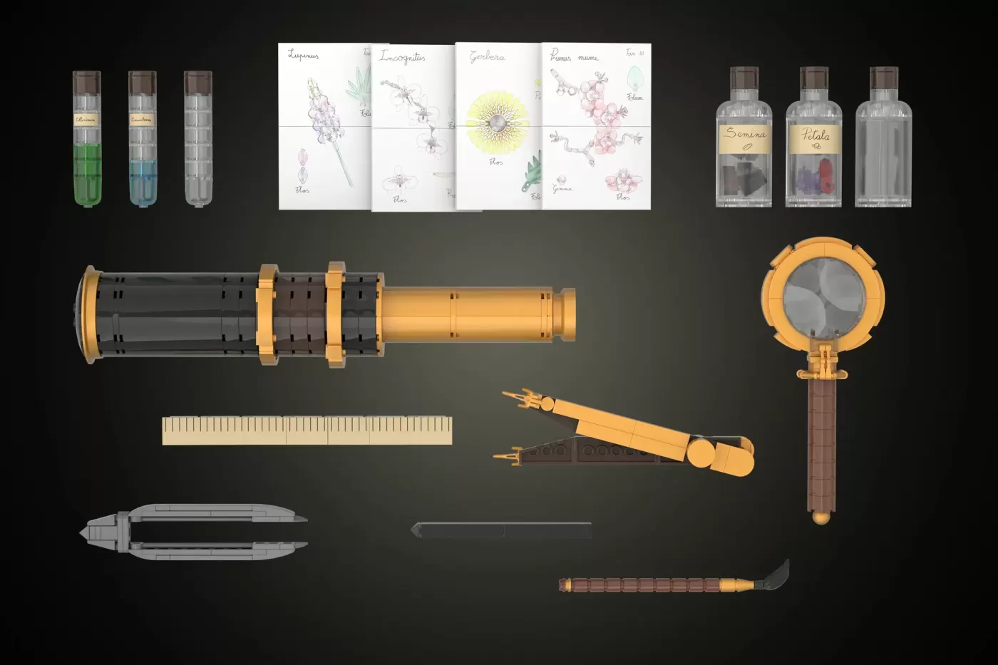 LEGO botanical field kit with telescope, magnifying glass, compass, specimen jars, and botanical illustration cards.