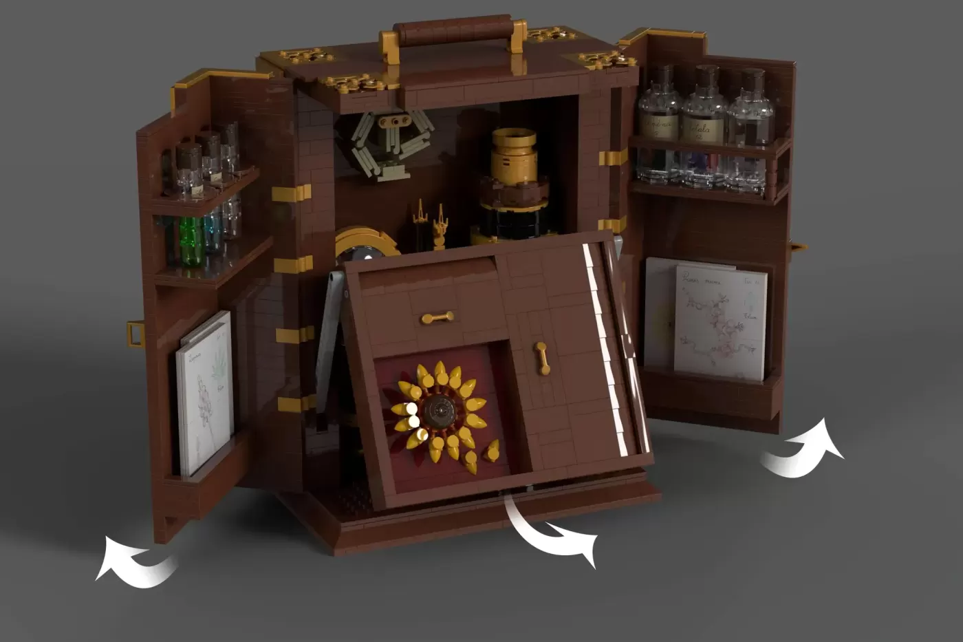 Ornate brown LEGO wooden cabinet with gold accents, displaying botanical specimens, glass bottles, and a golden sunflower …